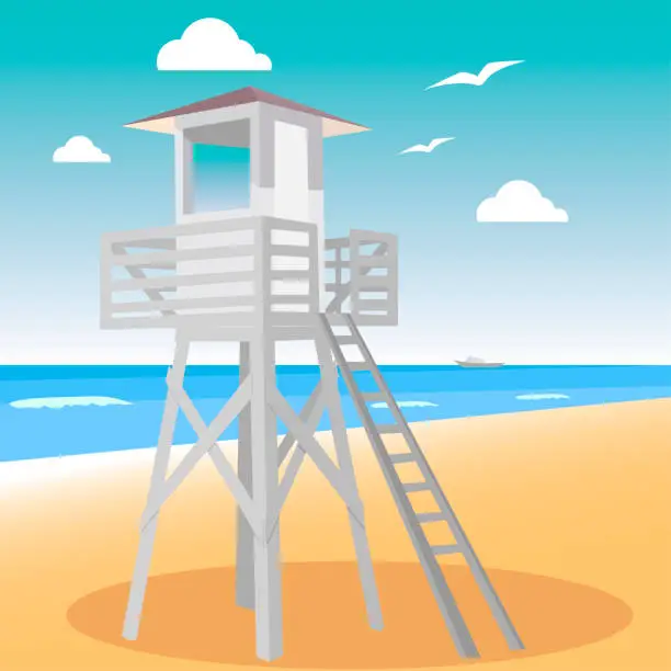 Vector illustration of Watchtower for lifeguards on the beach. Sunny day on the coast with a hut for watching the sea