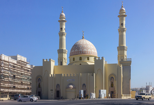 Muscat, Oman - May 30, 2022: Muscat modern mosque architecture.