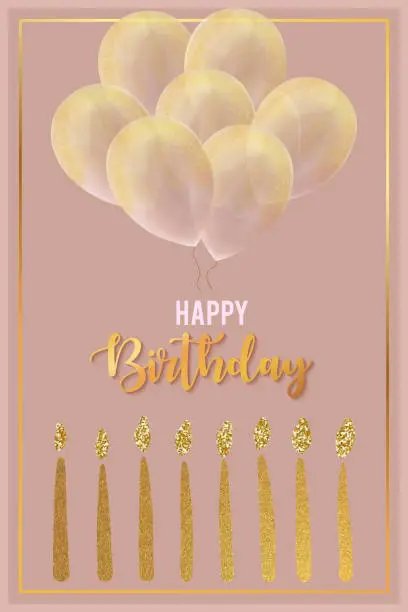 Vector illustration of Happy Birthday Celebration Card Template with Gold Frame and Gold Colored Glittering Hand Drawn Balloons and Candles.