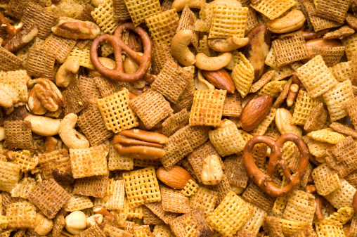 Close Up of cereal, pretzel, and nut snack mix background