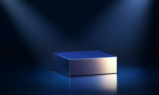 istock Metallic square podium lit by spotlights. 3d computer graphic template of displaying place for your products. 1403800764