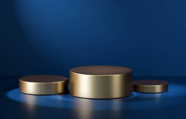 istock Three golden cylindrical podiums in blue environment. 3d computer graphic template of displaying place for your products. 1403800882