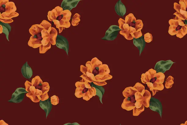 Vector illustration of Seamless floral pattern with autumn flowers, leaves in dark colors. Vector.