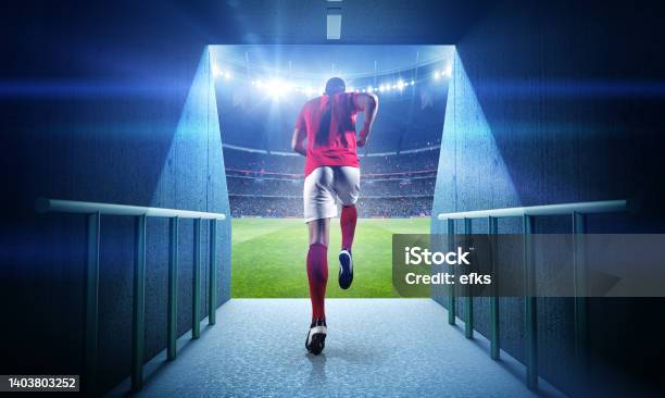 Running Football Player And Stadium Stock Photo - Download Image Now - Soccer Field, Soccer Player, Running