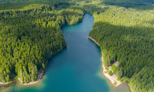 Aerial view of Lake Cushman and the Olympic Mountains in Washington State