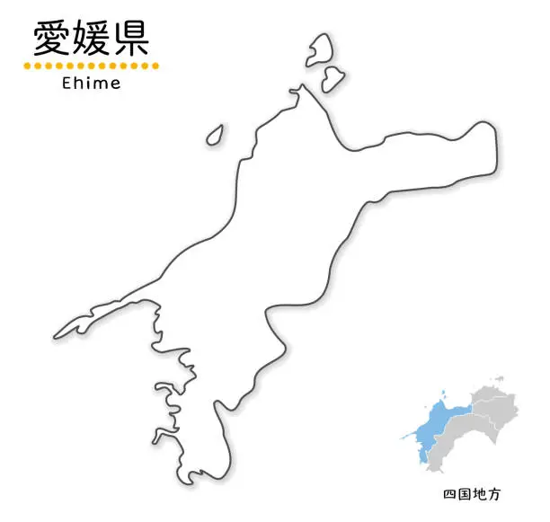 Vector illustration of Simple white map of Ehime Prefecture, simplified line drawings, local names and locations