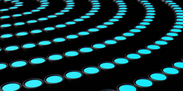istock Neon lights in circles. Blue light on black background. 3d render illustration 1403804559