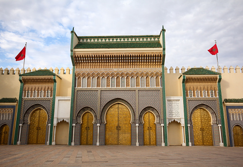 Fez, Morocco-September 22, 2013: Distant front view of Haj Gate in Fez.