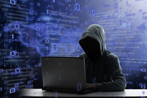 Hacker at laptop. Malware and virus danger. Man in hoodie and dark mask hacking. Dark net and cyber crime. Identity theft. Criminal at work.