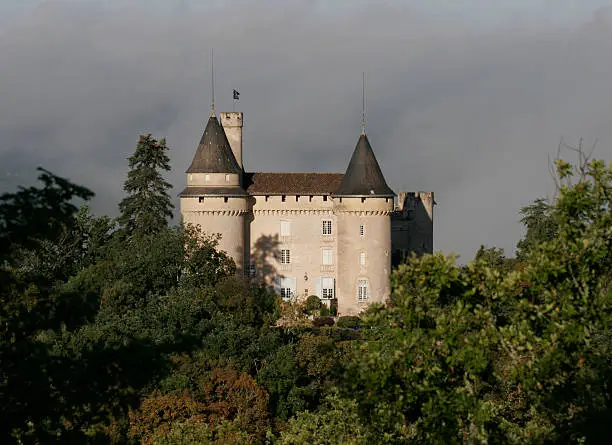 A chateau set in woods in south west France seen in early morning sunlight.