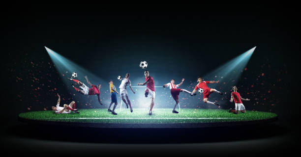 Football players are on the stage
with spotlights. stock photo
