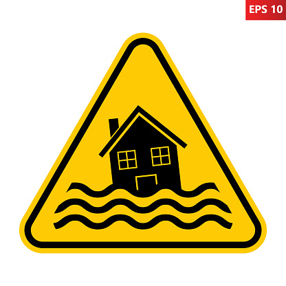 Flood warning sign. Vector illustration of yellow triangle sign with house flooding icon inside. Caution extreme weather conditions. Risk of flooding symbol. Natural disaster, tsunami, storm.
