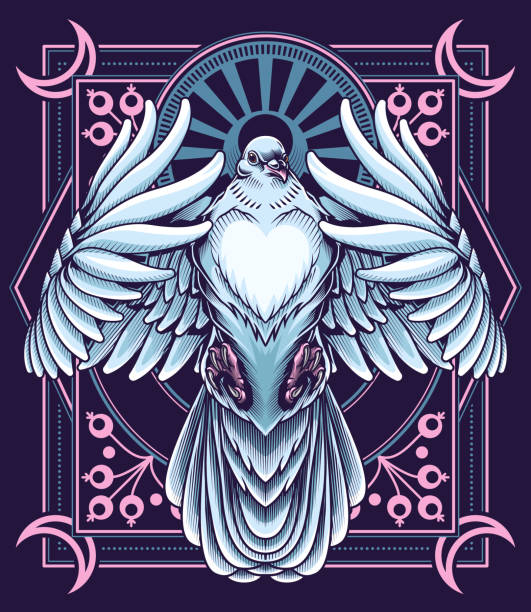 White dove poster. Vector illustration of white flying pigeon in engraving technique on decorative geometry background. dream believe tattoo stock illustrations