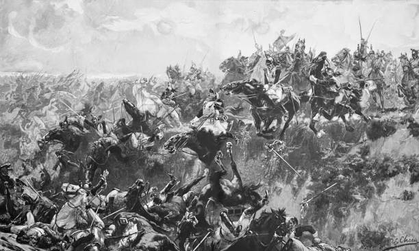 istock Battle of Waterloo, Horses and riders fall into the deep 1403806574