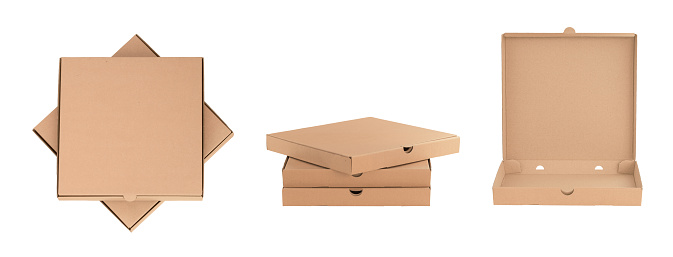 Stack of craft pizza boxes with display box.