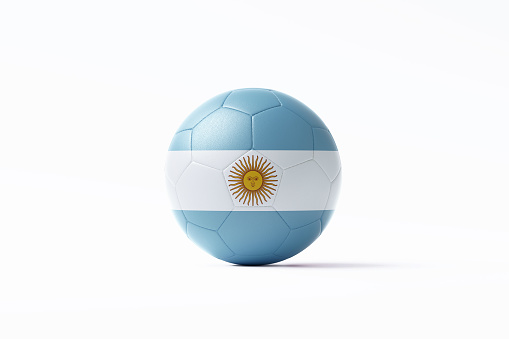 Soccer ball textured with Argentinian flag sitting on white background. Horizontal composition with copy space. Clipping path is included. Qatar 2022 World Cup qualifiers concept.