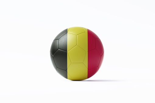 Soccer ball textured with Belgian flag sitting on white background. Horizontal composition with copy space. Clipping path is included. Qatar 2022 World Cup qualifiers concept.