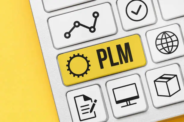 Photo of Concept PLM or Product lifecycle management. Business acronym. Holographic icons and text on the keyboard