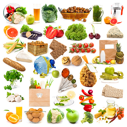 collage healthy food isolated on white background