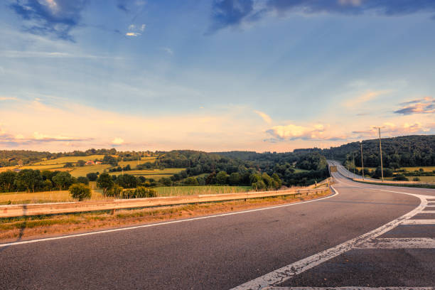 Empty road in green nature from low angle with blue dramatic sky and clouds in the background. Idea for composite or sky replacement.Copy space provided.