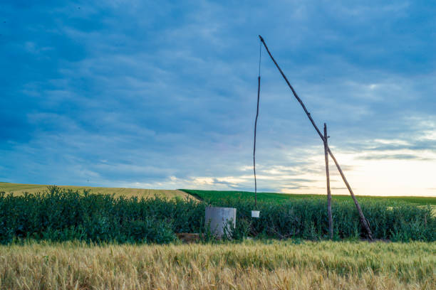 Ancient well with clean water. Ecology, getting water. Shadoof at sunset in Moldova, Cloudy sky and meadow with old working sweep well and shadoof - pusta stock pictures, royalty-free photos & images