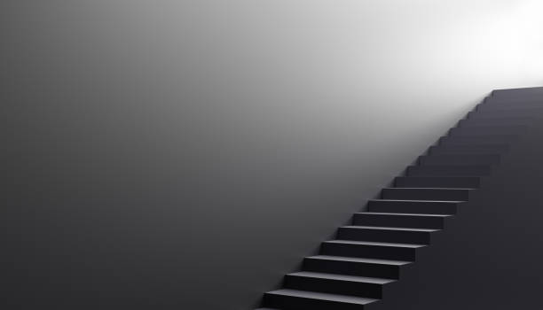 istock 3d render concept of stairs steps leading to basement and bright light on top with copy space. 1403820373