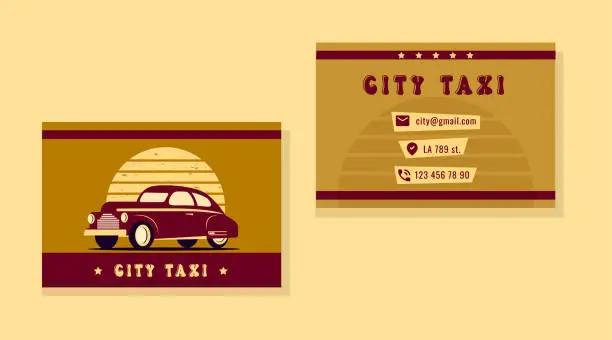 Vector illustration of Two piece taxi business card with cab. Business card design. Stylish vector template for taxi company.