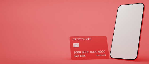 Phone with credit card floating on red background. Mobile banking and Online payment service. Saving money wealth and business financial concept. Smartphone money transfer online. 3d render.