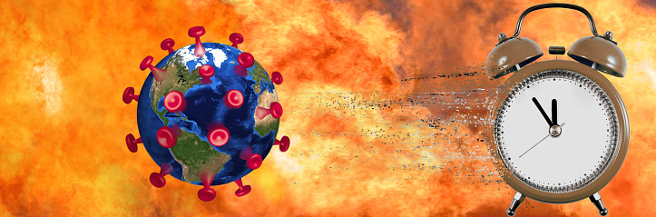 3D rendering of a stylized covid virus disguised as a globe with a fiery background and a collapsing clock