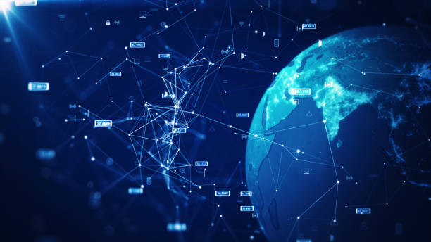 istock concept of global internet network connection technology. The world on the right has a binary code polygon and a small icon on a dark blue background. Cybersecurity protects the Internet of Things. 1403821677