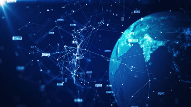 concept of global internet network connection technology. The world on the right has a binary code polygon and a small icon on a dark blue background. Cybersecurity protects the Internet of Things. stock photo