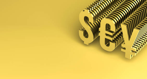 istock Gold symbols Dollar Euro Yen in an ascending stack on a yellow background with space for text. 3D render. Euro dollar and metallic yen for banner design. 1403821814