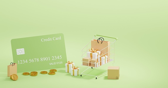 Green color Online shopping - Paper cartons or parcel with a shopping cart and credit card gift box. Shopping service on The online web and offers home delivery