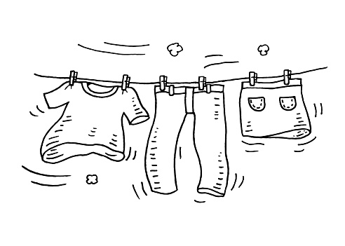 Laundry hanging on the clothesline, hand drawn black and white vector illustration.