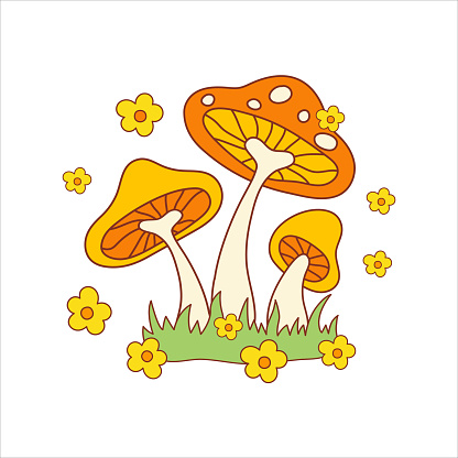Retro psychedelic hippie mushrooms with groovy flowers isolated on a white background. Vector illustration in style 70s, 80s