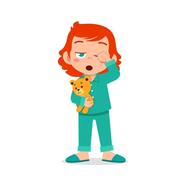 Vector illustration of little kid feel sleepy and want to sleep