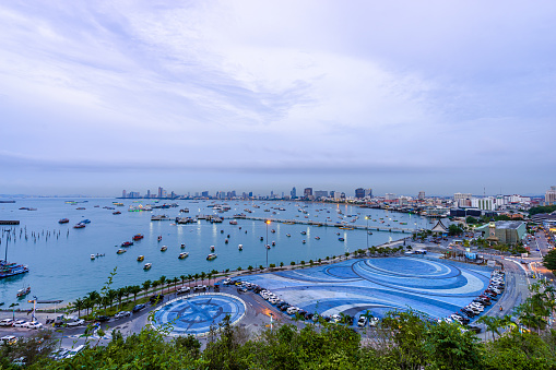 Speedboat parking with beautiful cityscape scenic at Pattaya bay in Thailand