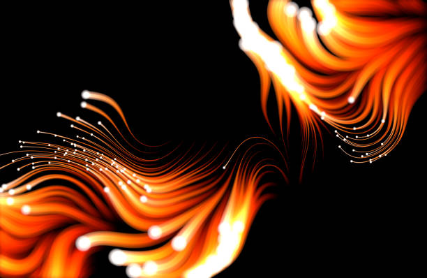 ilustraciones, imágenes clip art, dibujos animados e iconos de stock de partículas naranjas que fluyen sobre fondo negro. - cyberspace abstract backgrounds photon