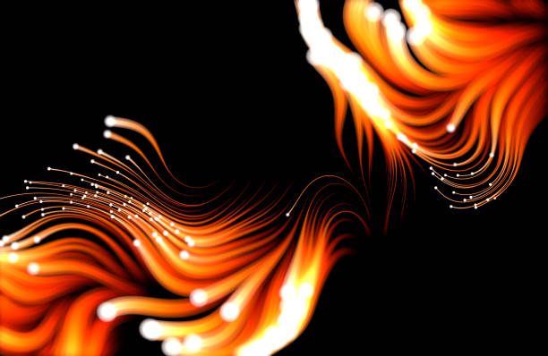 оранжевые струящиеся частицы на черном фоне. - cyberspace abstract backgrounds photon stock illustrations