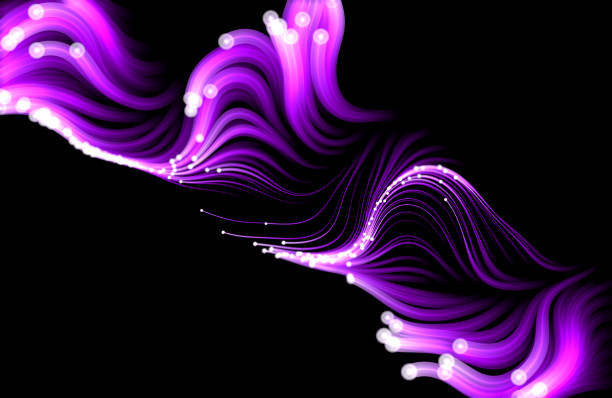 фиолетовые струящиеся частицы на черном фоне. - cyberspace abstract backgrounds photon stock illustrations
