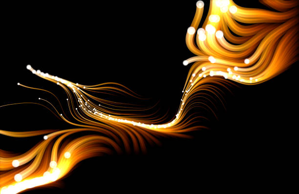 оранжевые струящиеся частицы на черном фоне. - cyberspace abstract backgrounds photon stock illustrations