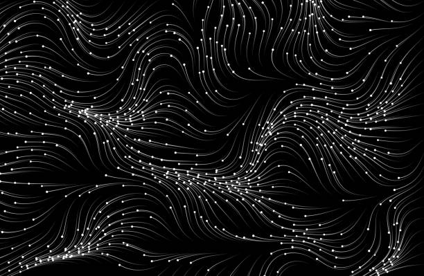 ilustraciones, imágenes clip art, dibujos animados e iconos de stock de partículas blancas que fluyen sobre fondo negro. - cyberspace abstract backgrounds photon