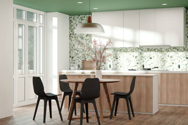 istock Kitchen interior design in modern style with terazzo wall and wooden cabinets 1403826132
