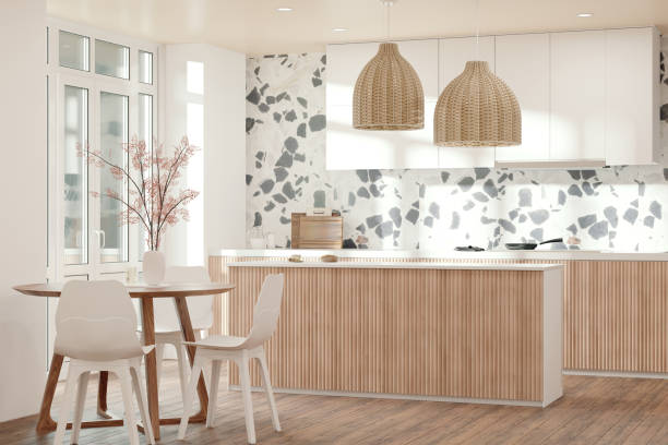 istock Kitchen interior design in modern style with terazzo wall and wooden cabinets 1403826397