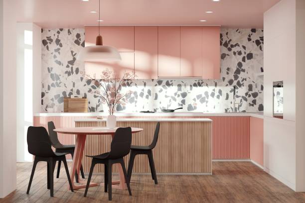 istock Kitchen interior design in modern style with terazzo wall and pink cabinets 1403826653
