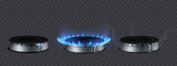 Realistic set of gas burners side view. Turned off  burner. Burning Realistic set of gas burners side view. Turned off  burner. Burning. Electric ignition  Propane butane blue flame in cooking oven burner stove top stock illustrations