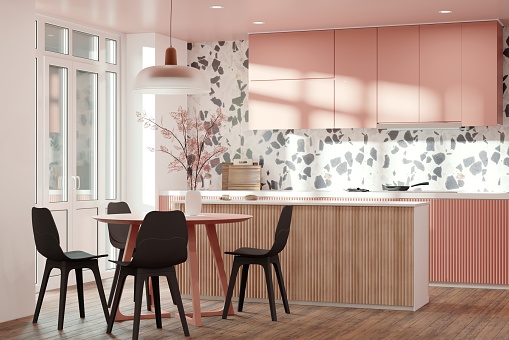 Kitchen interior design in modern style with terazzo wall and pink cabinets, 3d rendering