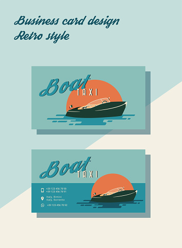 Business card design for a boat taxi in retro style. Speedboat logo. Speedboat on the background of the sun.