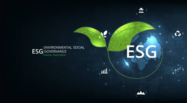 Environmental Social and Governance (ESG) concept. Environmental Social and Governance (ESG) concept.The company development of a nature conservation strategy and Solving environmental, social and management problems with figure icons. government patterns stock illustrations