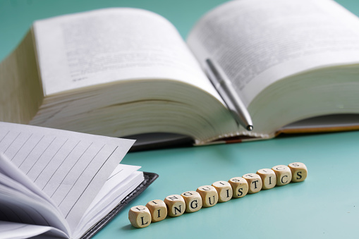 Word linguistics next to an open book, pen and notepad. Concept of studying the humanities. Concept of linguistics in school, college, university. Pastel background. Selective focus. Macro. Close-up